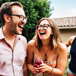 Mimi in an awkward social situation, spilling sangria at a BBQ. She's wearing oversized glasses, looking mortified but trying to laugh it off. Friends surround her with mixed expressions of amusement and sympathy.