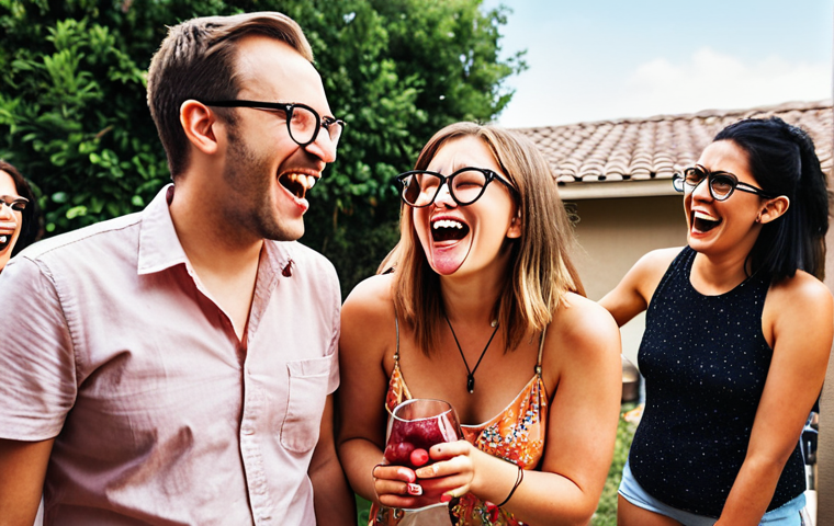 Mimi in an awkward social situation, spilling sangria at a BBQ. She's wearing oversized glasses, looking mortified but trying to laugh it off. Friends surround her with mixed expressions of amusement and sympathy.