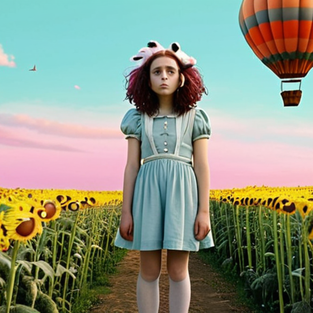 **

A vibrant, wide shot of a live-action Mimi, portrayed by a young, relatively unknown actress with quirky features and bright eyes, standing in a field of oversized, colorful, and bizarre flora. In the background, a whimsical creature – think a cross between a fluffy sheep and a hot air balloon – floats lazily in a pastel-colored sky. The overall feel is reminiscent of "Where the Wild Things Are" with a touch of Tim Burton's imaginative set design. Focus on the contrast between the mundane (Mimi's simple outfit) and the surreal (the environment).

**