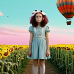 **

A vibrant, wide shot of a live-action Mimi, portrayed by a young, relatively unknown actress with quirky features and bright eyes, standing in a field of oversized, colorful, and bizarre flora. In the background, a whimsical creature – think a cross between a fluffy sheep and a hot air balloon – floats lazily in a pastel-colored sky. The overall feel is reminiscent of "Where the Wild Things Are" with a touch of Tim Burton's imaginative set design. Focus on the contrast between the mundane (Mimi's simple outfit) and the surreal (the environment).

**
