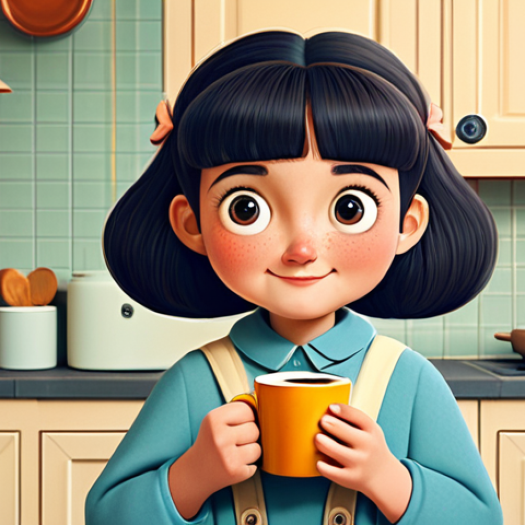 Mimi - Comfort and Nostalgia**
"A charming illustration of Mimi, a cute, round-faced character with expressive eyes, fully clothed in a simple, classic cartoon style, reminiscent of vintage animation. She is holding a steaming mug of coffee in a cozy, warmly lit kitchen. Background features soft, pastel colors and a comforting, nostalgic atmosphere. Safe for work, appropriate content, family-friendly, perfect anatomy, natural proportions, professional digital art, high quality."
**