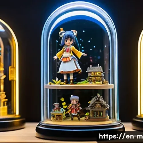 미미와 캐릭터 수집 문화 - A highly detailed close-up of a limited edition anime figure displayed inside a glass case with soft...