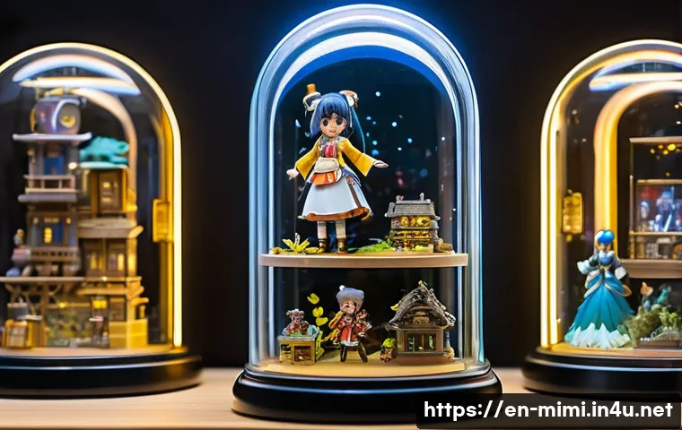 미미와 캐릭터 수집 문화 - A highly detailed close-up of a limited edition anime figure displayed inside a glass case with soft...