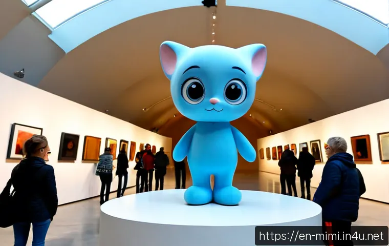미미 캐릭터와 오프라인 전시회 - Photorealistic contemporary gallery exhibition featuring an original cute “Mimi” character sculpture...